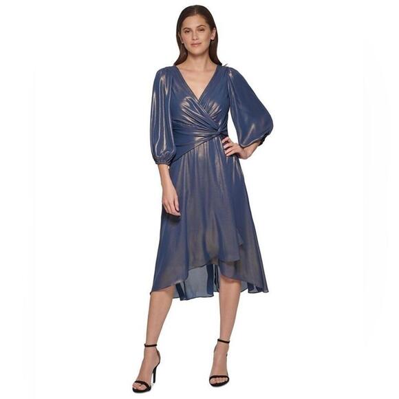 DKNY Iridescent Twisted Balloon-Sleeve evening Sleeve Dress -Denim Gold size 6 - Picture 2 of 12